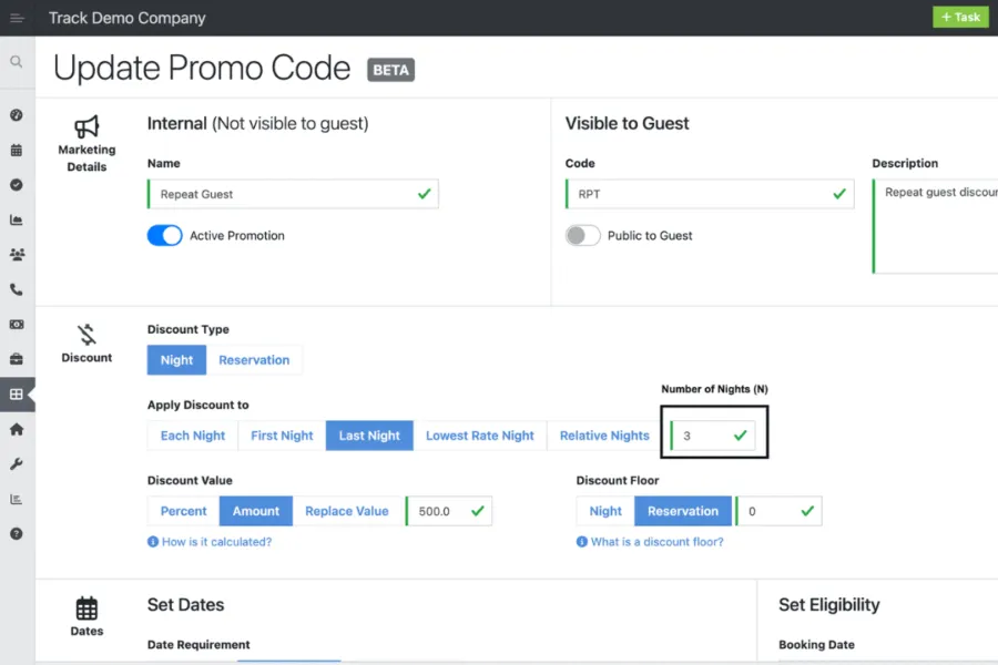 UI for updating a promo code: internal and guest visibility sections, discount type and value, number of nights, and dates/settings