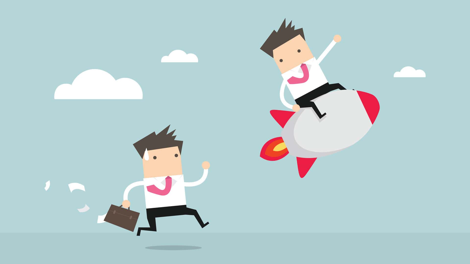 Man in rocket zooming ahead of sad little man with briefcase