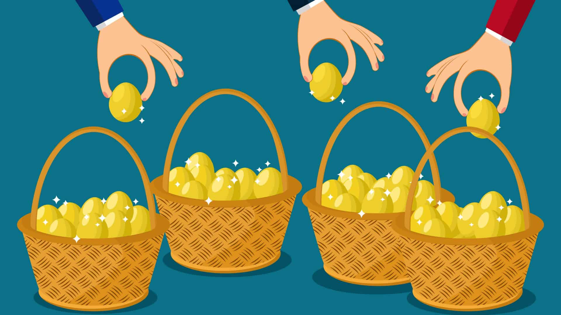 Golden eggs being placed in four baskets