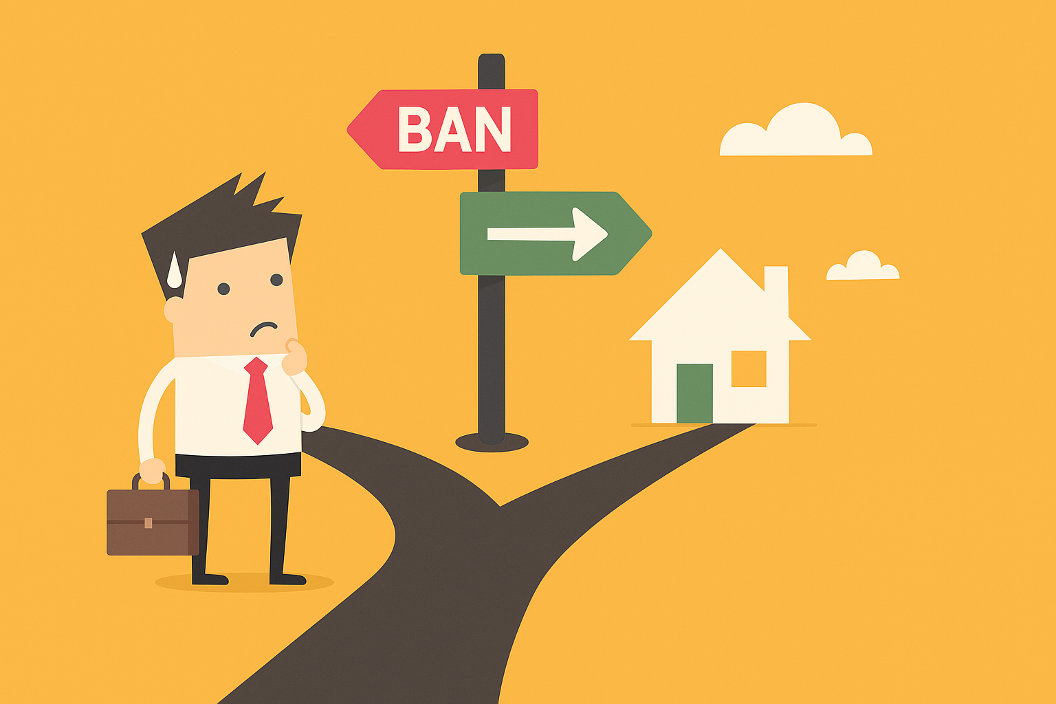 Businessman standing at a crossroads with a sign pointing to ban and another with a green arrow