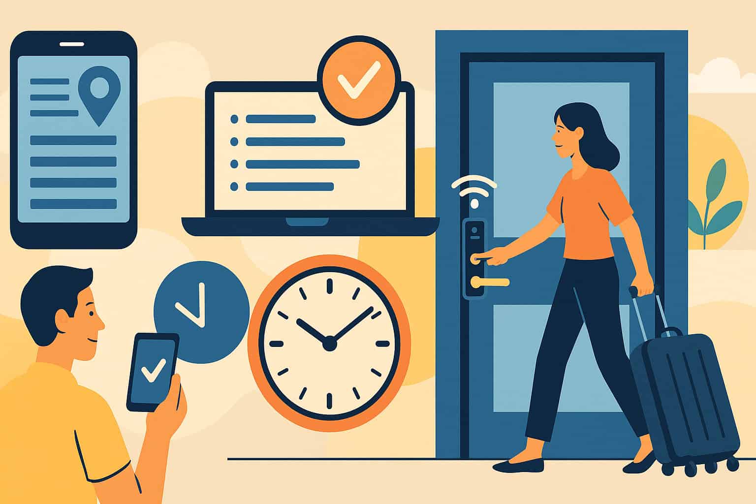 Smartphone and laptop displaying property management software for tracking rental properties and schedules.