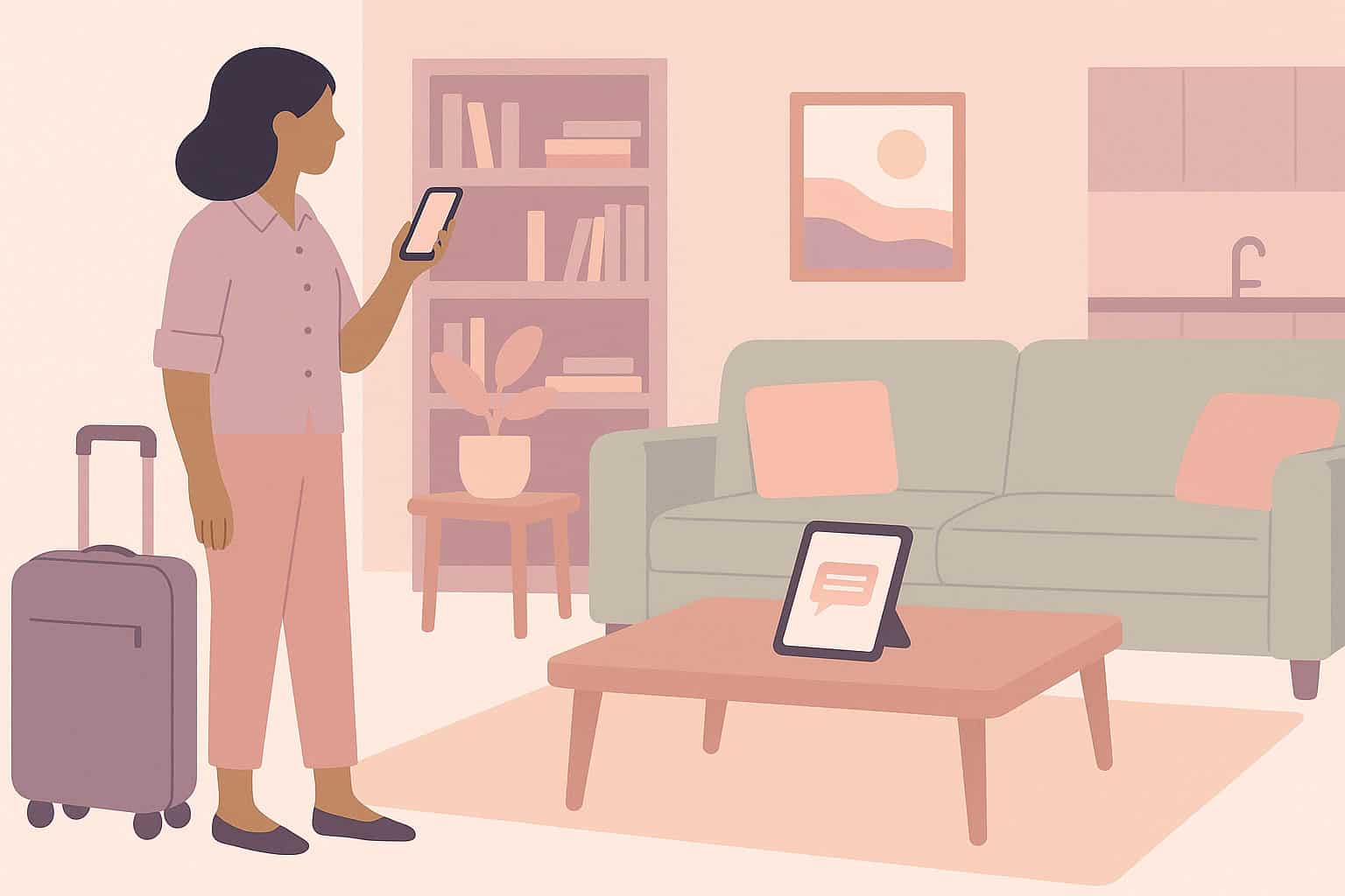 Short-term rental guest being welcomed via phone and tablet