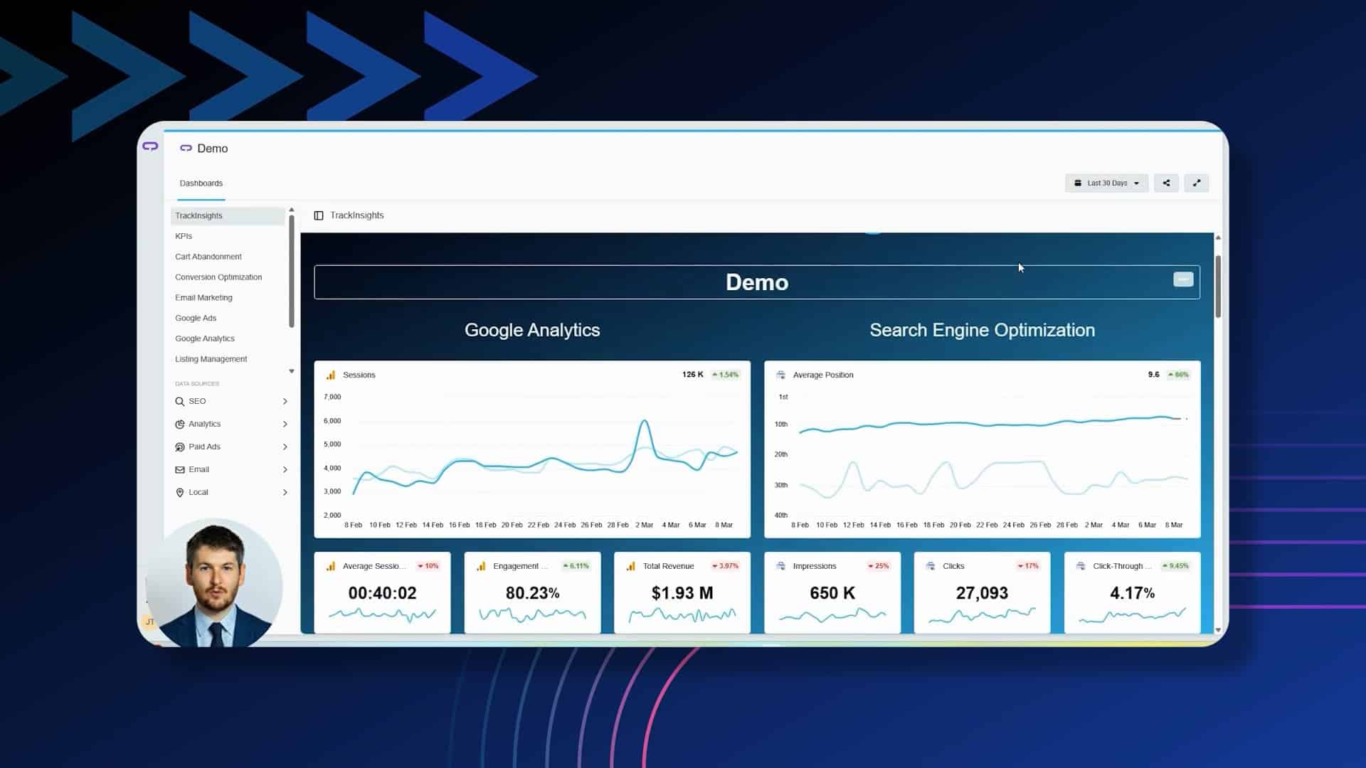Dashboard mockup showing a 'Demo' title, left navigation, and two large charts labeled Google Analytics and SEO/Search Engine Optimization. A profile image sits in the bottom-left corner.