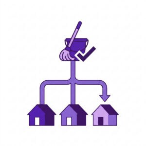 A cleaning bucket with mop and a checkmark, connected to three houses, symbolizing choosing or organizing multiple properties
