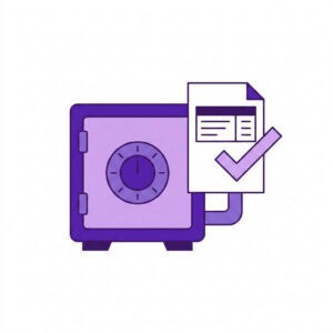 Purple safe with a document and a checkmark, symbolizing approved secure storage of documents.