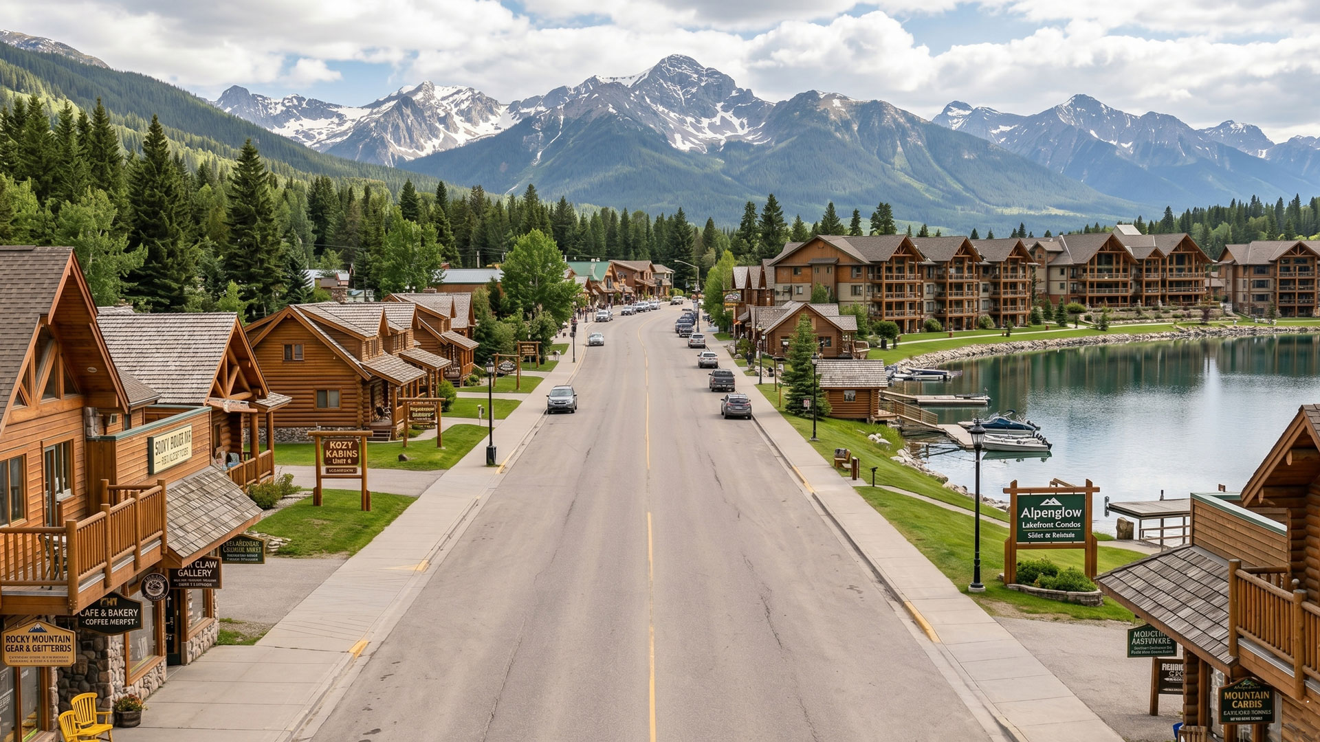 Tourist town in the mountains filled with shops and condos