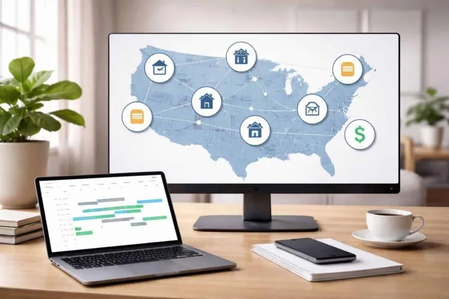 Home-office desk with a large monitor showing a US map and connected icons; a laptop displays a timeline, with a phone, notebook, and coffee nearby.