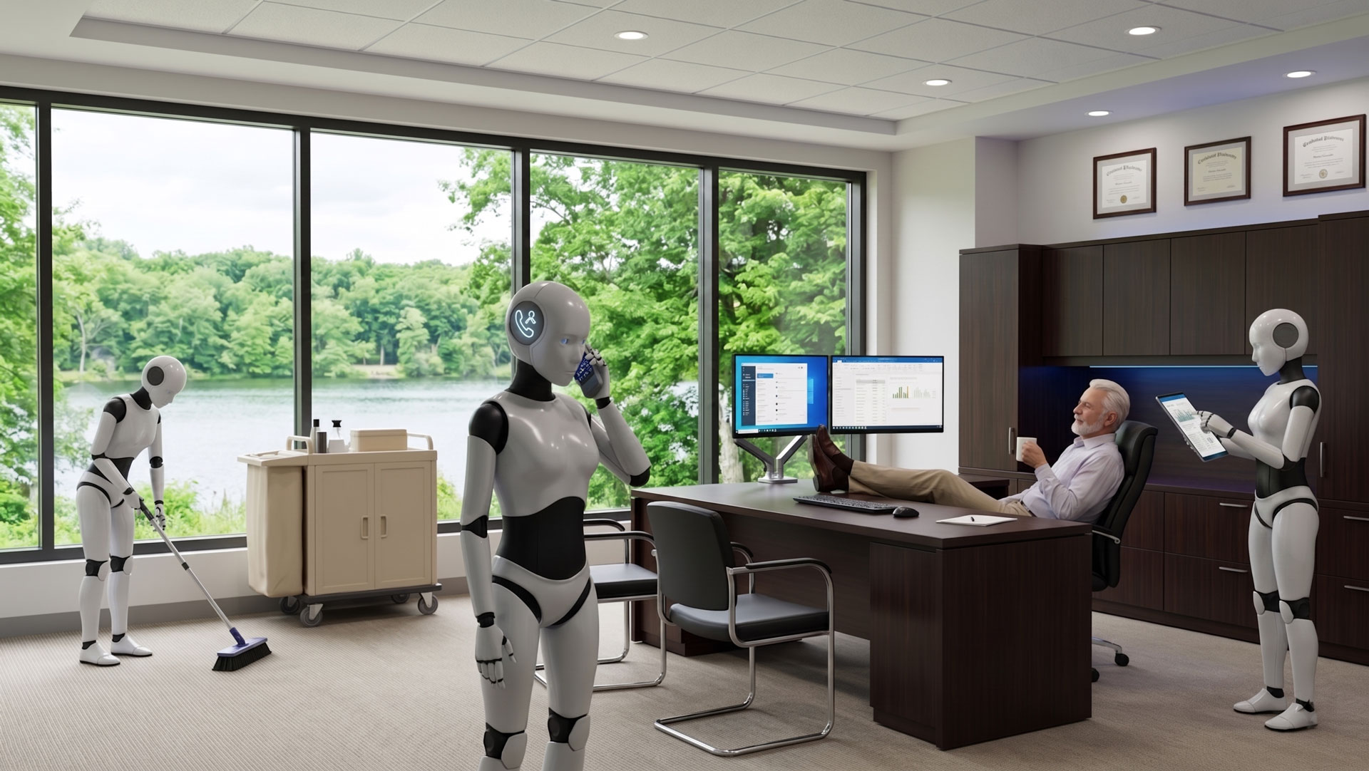 Fanciful image of a property manager relaxing while robots do the work