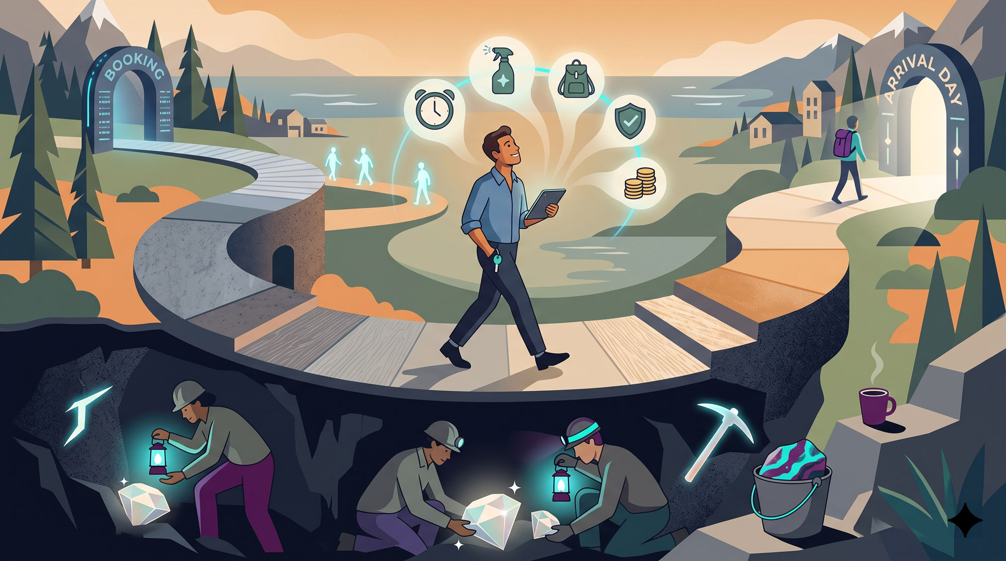 Fanciful illustration of a guest walking from booking to check out while miners work below